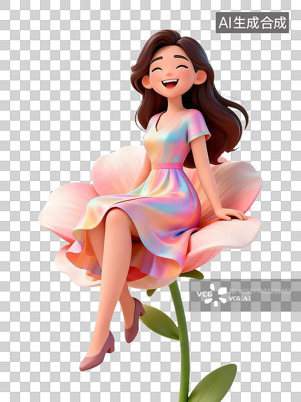 【AI数字艺术】3D卡通38妇女节女性坐在花朵上图片素材