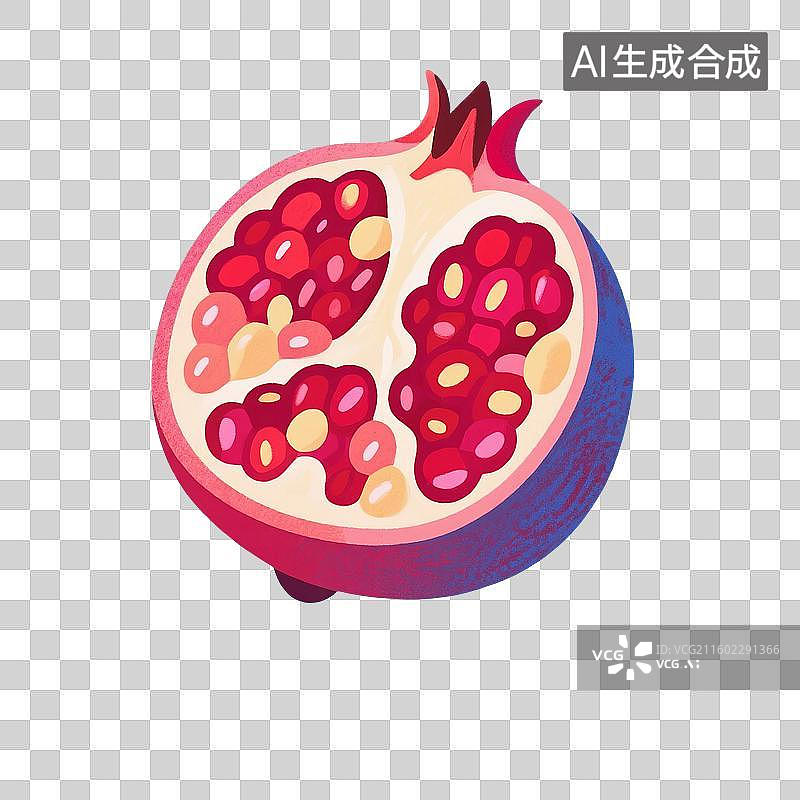 【AI数字艺术】手绘插画，卡通水果，新鲜的红色石榴，秋天水果免抠元素图片素材