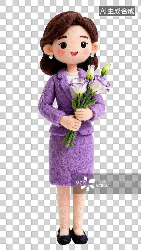 【AI数字艺术】3D毛毡风妇女节女主播手捧洋桔梗插画图片素材