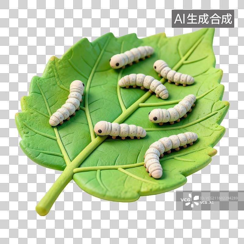 【AI数字艺术】绿叶上的蚕宝宝特写图片素材