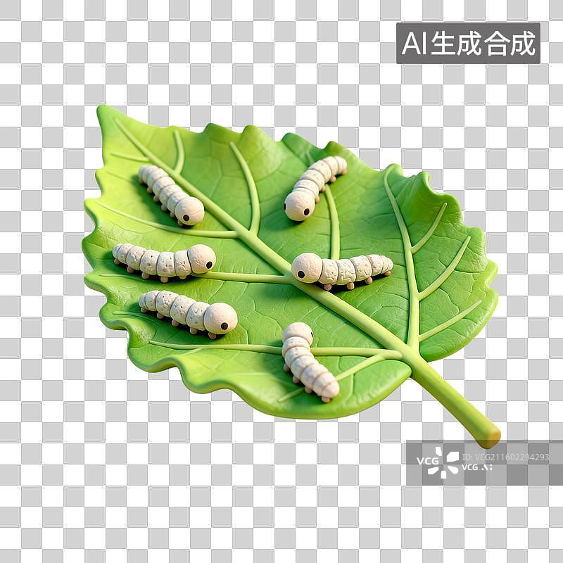 【AI数字艺术】绿叶上的蚕宝宝特写图片素材