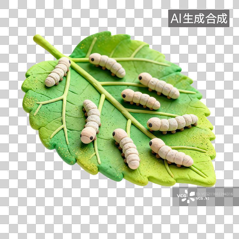 【AI数字艺术】绿叶上的蚕宝宝特写图片素材