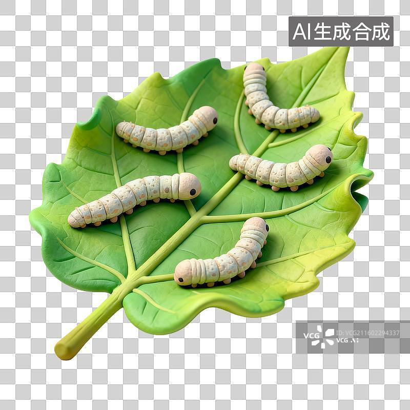 【AI数字艺术】绿叶上的蚕宝宝特写图片素材