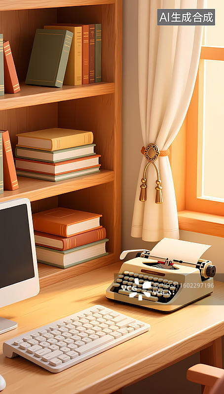 【AI数字艺术】复古打字机和书籍的桌面设置图片素材