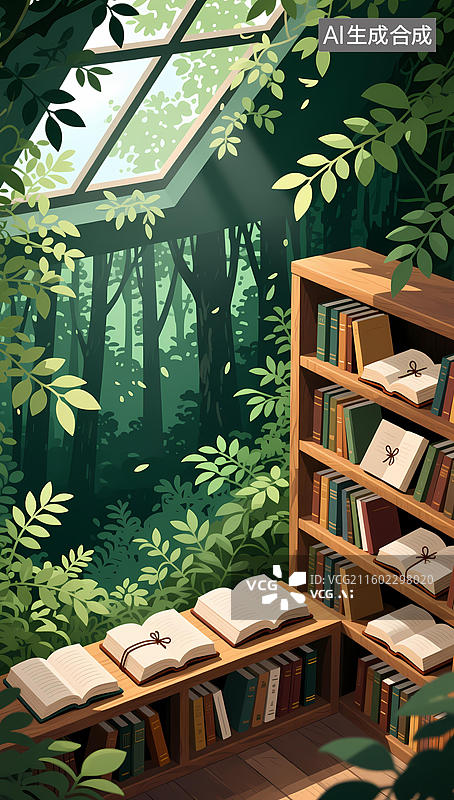 【AI数字艺术】"书架上的书籍和绿色植物的组合"图片素材