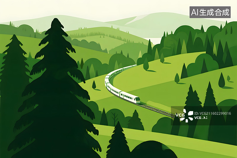 【AI数字艺术】绿色山间行驶的列车图片素材