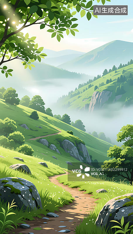 【AI数字艺术】山间小径上的宁静风景画作图片素材