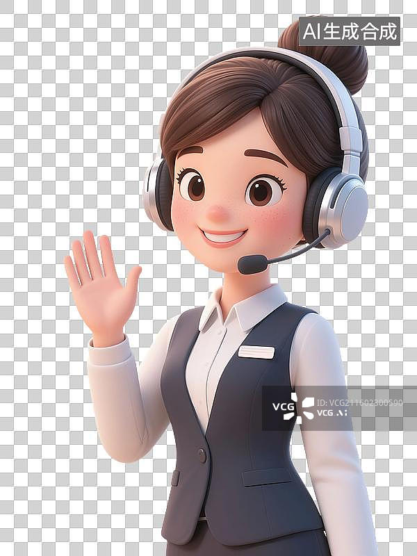 【AI数字艺术】3D渲染卡通人物，戴着耳麦的讲解员，导游，解说员，免抠元素图片素材