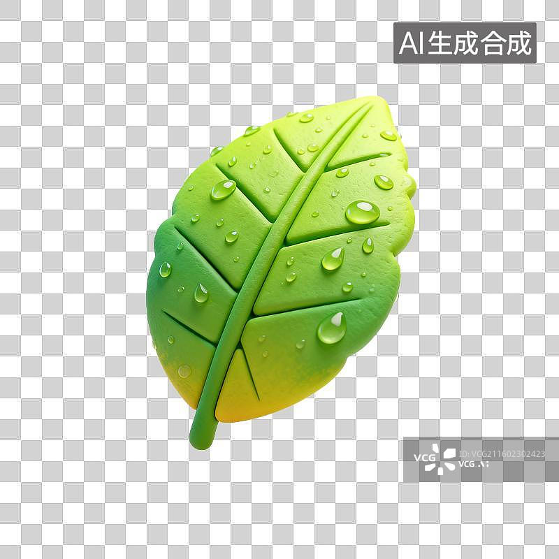 【AI数字艺术】带有雨滴的3D绿色叶子图片素材