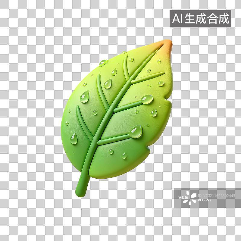 【AI数字艺术】带有雨滴的3D绿色叶子图片素材