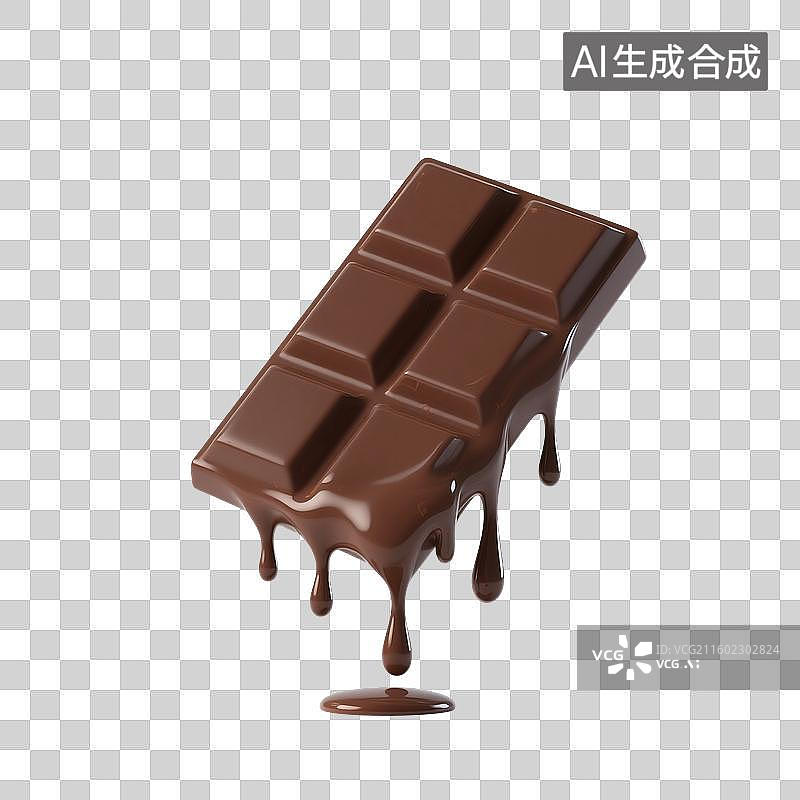 【AI数字艺术】3D渲染，融化的巧克力，一块巧克力，黑巧，可可脂，甜食零食烘焙原料图片素材