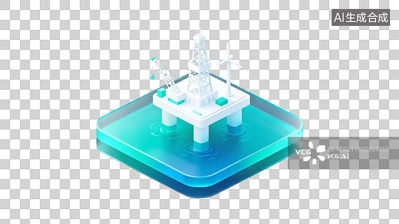 【AI数字艺术】3d蓝绿色新能源海上石油开采玻璃图标图片素材