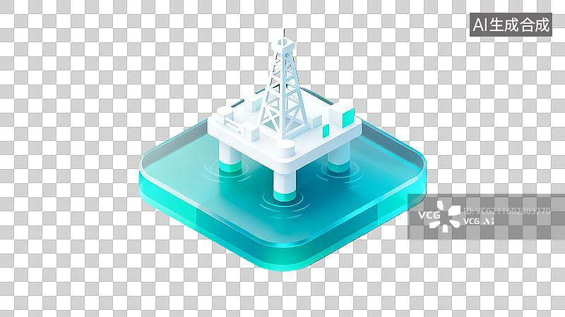 【AI数字艺术】3d蓝绿色新能源海上石油开采玻璃图标图片素材