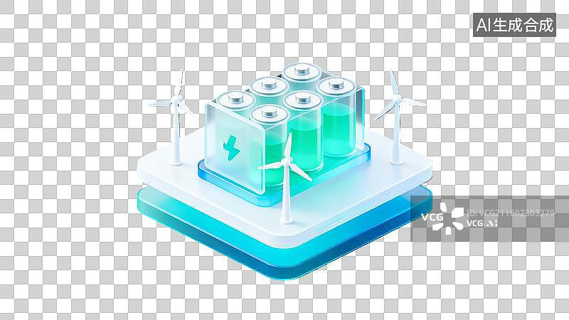 【AI数字艺术】3d蓝绿色新能源电池储能玻璃图标图片素材