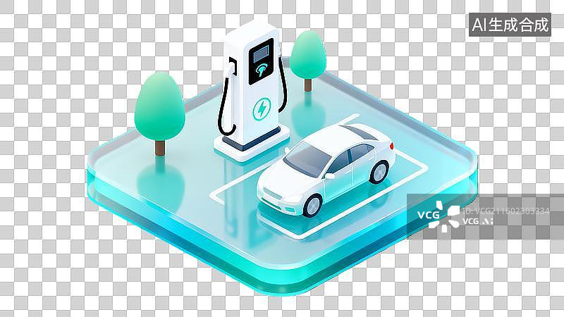 【AI数字艺术】3d蓝绿色新能源汽车充电站玻璃图标图片素材