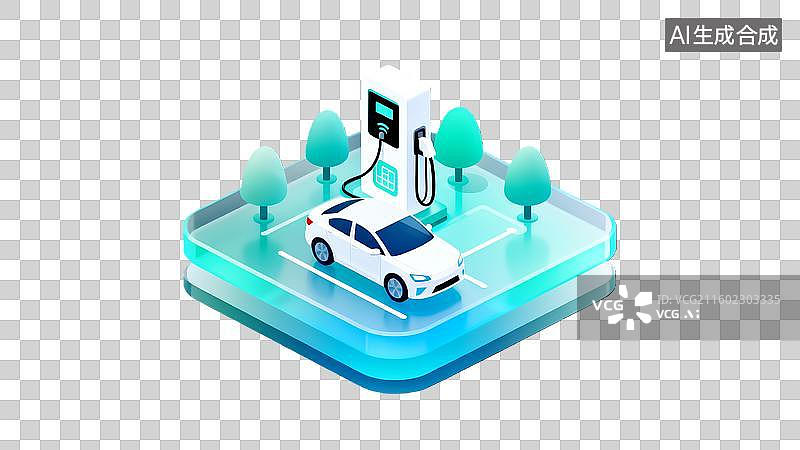 【AI数字艺术】3d蓝绿色新能源汽车充电站玻璃图标图片素材