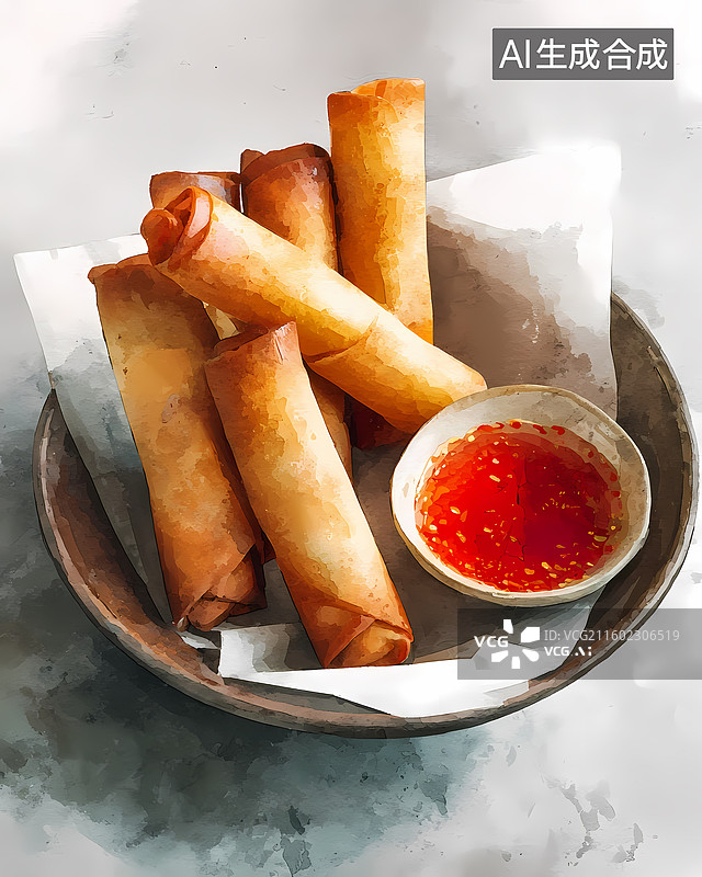 【AI数字艺术】中国传统食物春卷厚涂插图图片素材