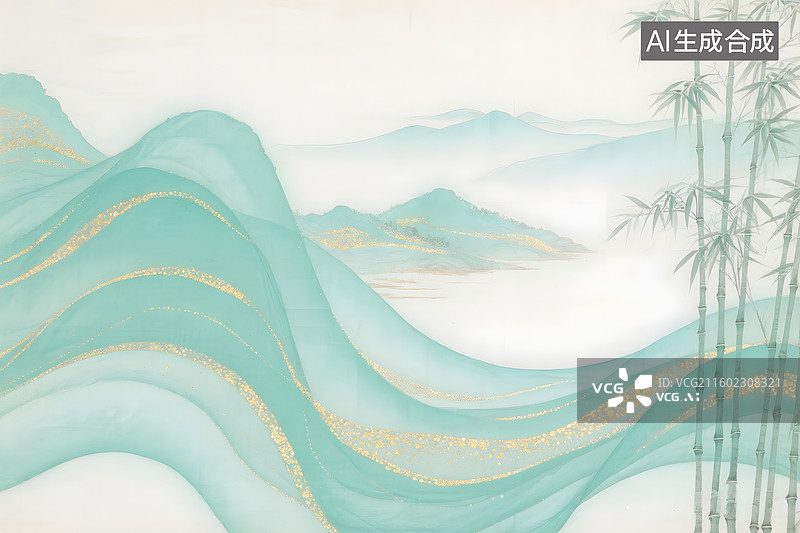 【AI数字艺术】中国山水画作，水墨青绿山水竹子图片素材