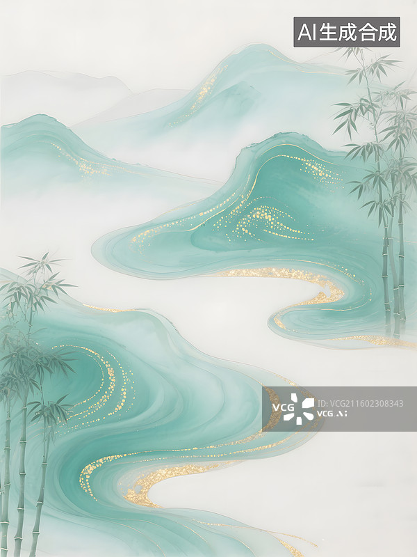 【AI数字艺术】中国山水画作，水墨青绿山水竹子图片素材