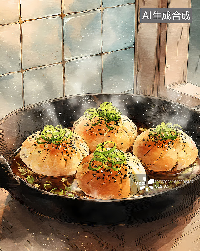 【AI数字艺术】中国美食生煎包插图图片素材