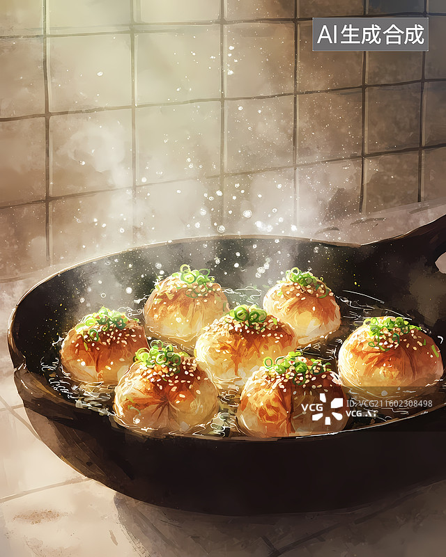 【AI数字艺术】中国美食生煎包插图图片素材