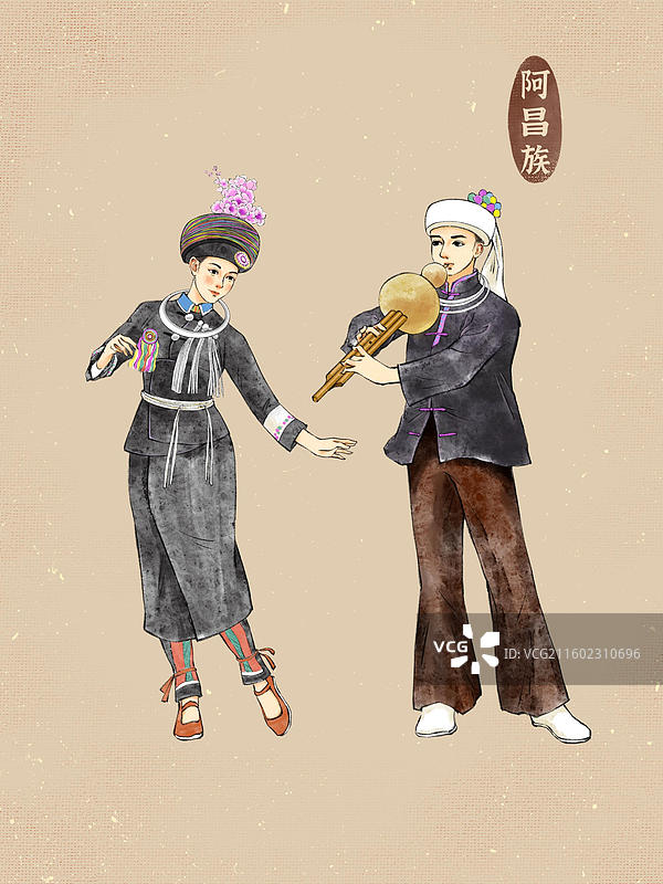 男女双人56民族，云南阿昌族水族布朗族德昂族独龙族普米族基诺族怒族。图片素材