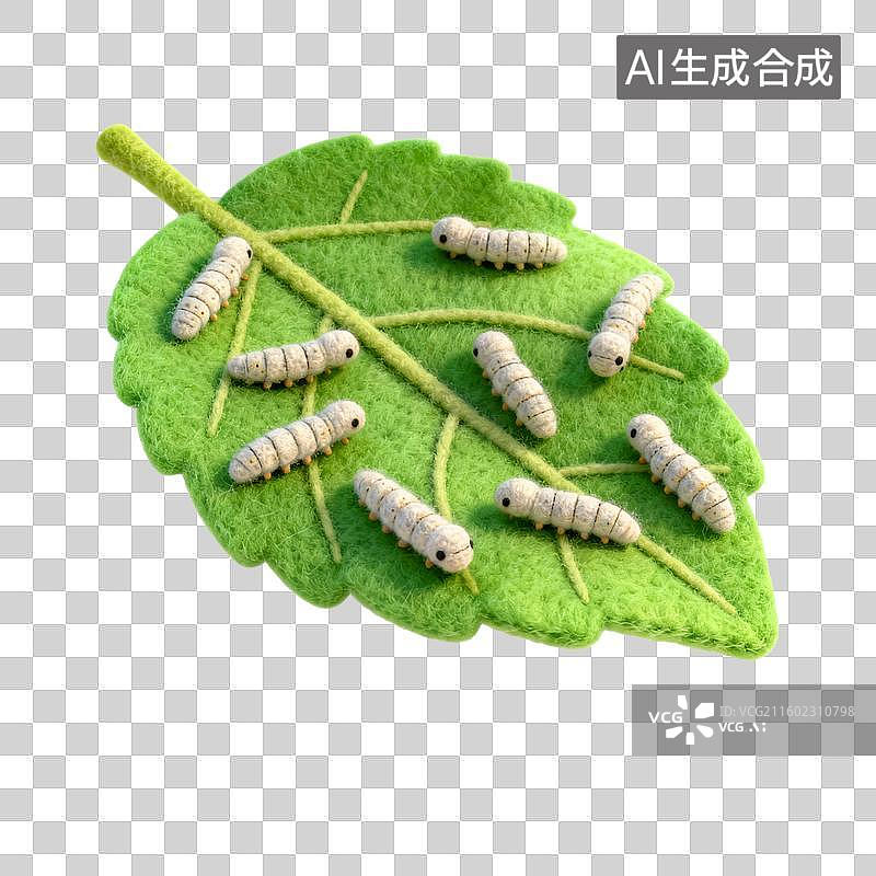 【AI数字艺术】毛毡风格桑叶上的蚕图片素材