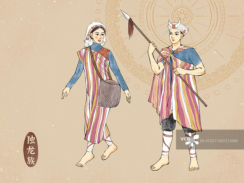 男女双人56民族，云南阿昌族水族布朗族德昂族独龙族普米族基诺族怒族。图片素材