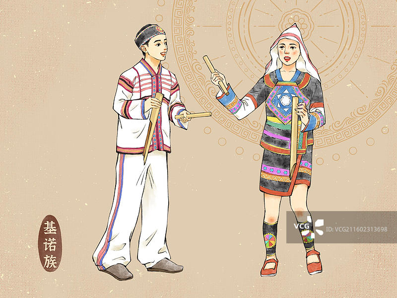男女双人56民族，云南阿昌族水族布朗族德昂族独龙族普米族基诺族怒族。图片素材