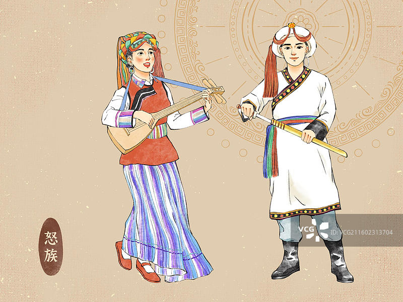 男女双人56民族，云南阿昌族水族布朗族德昂族独龙族普米族基诺族怒族。图片素材