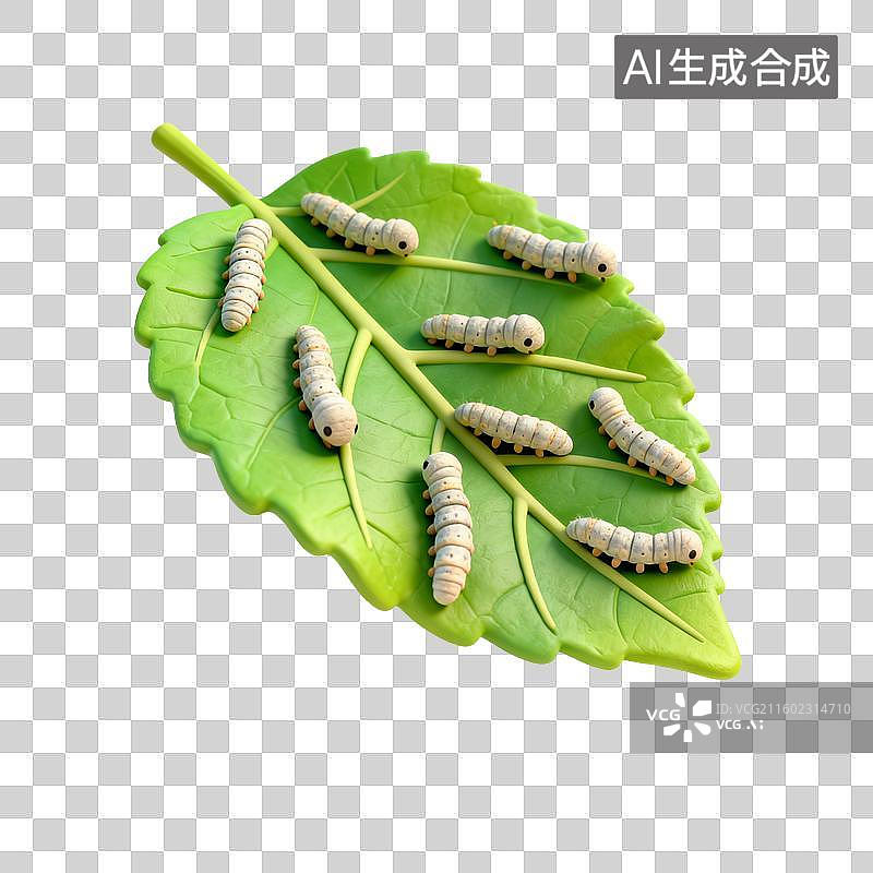 【AI数字艺术】绿叶上的蚕宝宝特写图片素材