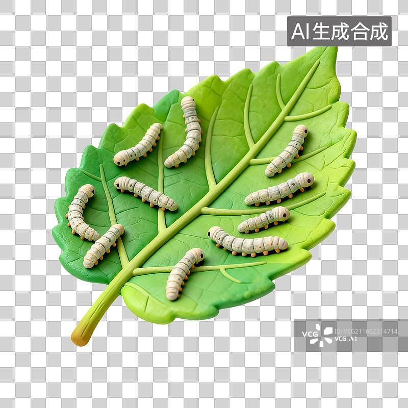 【AI数字艺术】绿叶上的蚕宝宝特写图片素材