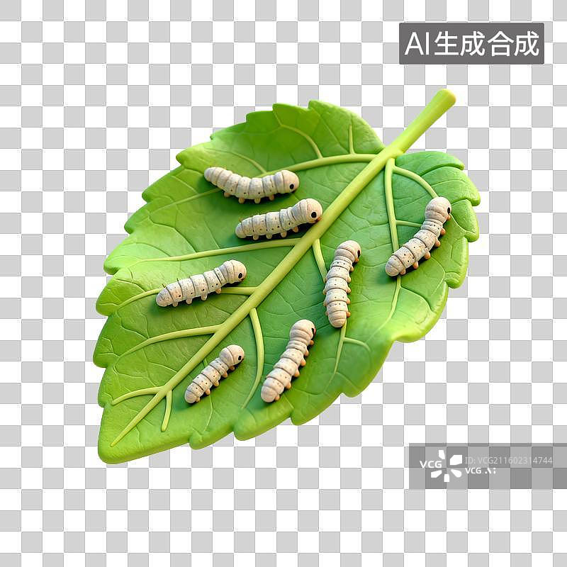 【AI数字艺术】绿叶上的蚕宝宝特写图片素材
