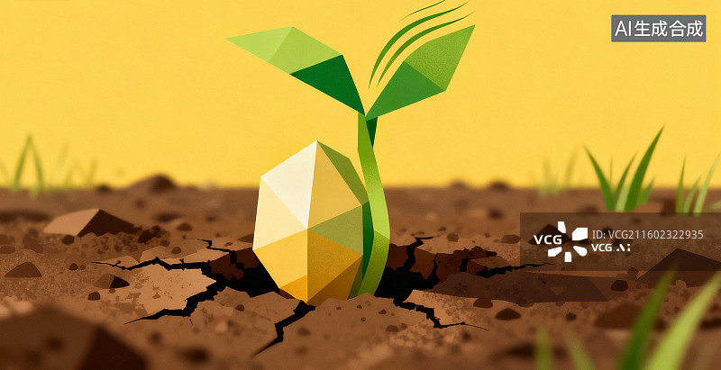 【AI数字艺术】几何风格植物破土生长图片素材