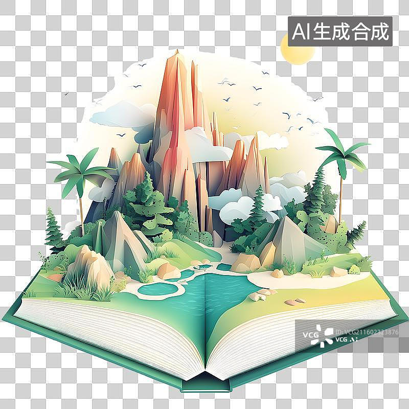【AI数字艺术】创意热带山景立体书插画装饰元素图片素材