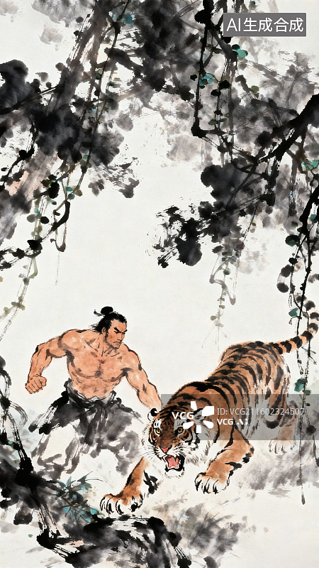 【AI数字艺术】传统水墨风格，树林中的壮汉赤膊上身与一只老虎搏斗图片素材