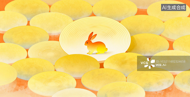 【AI数字艺术】兔子坐在黄色圆形图案中图片素材