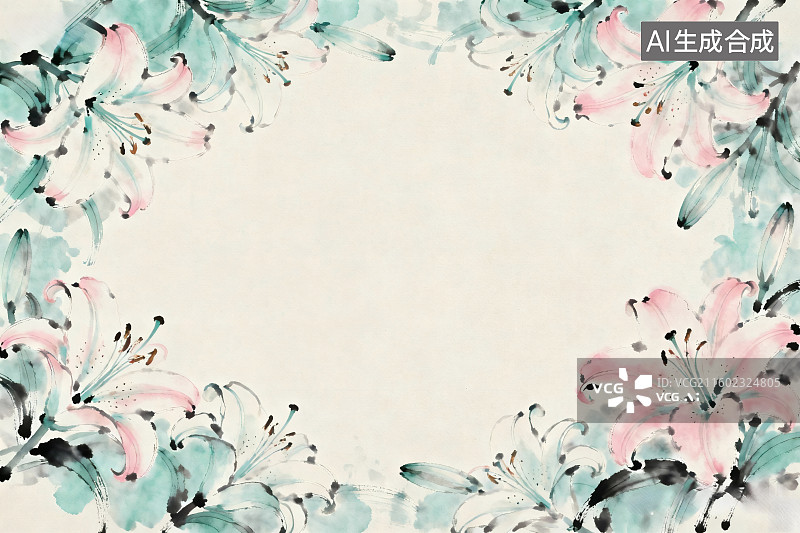 【AI数字艺术】传统水墨风格，四周装饰的百合花，中间留白图片素材