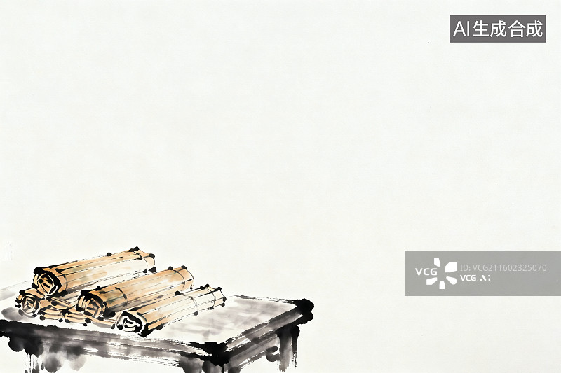 【AI数字艺术】传统水墨风格，木桌上的古代竹简，右上角留白图片素材