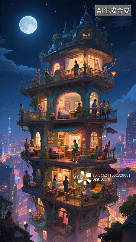 【AI数字艺术】夜晚的空中楼阁和人图片素材