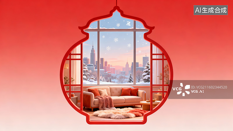 【AI数字艺术】暖色调中式边框内的新春雪景创意室内温馨插画素材图片素材