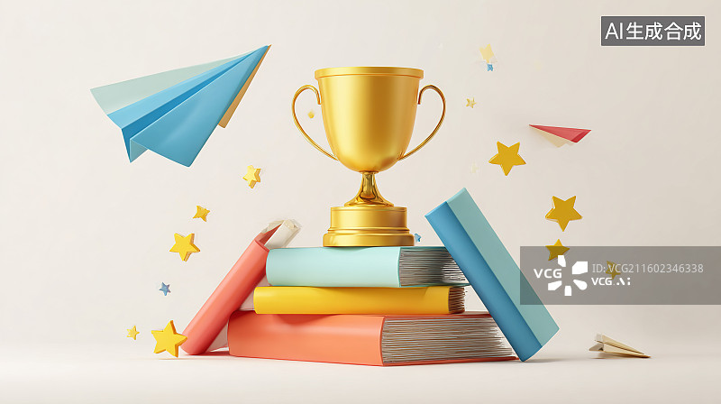 【AI数字艺术】3D 金色学习奖杯艺术图片素材