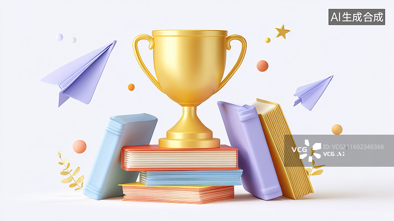 【AI数字艺术】3D 金色学习奖杯艺术图片素材