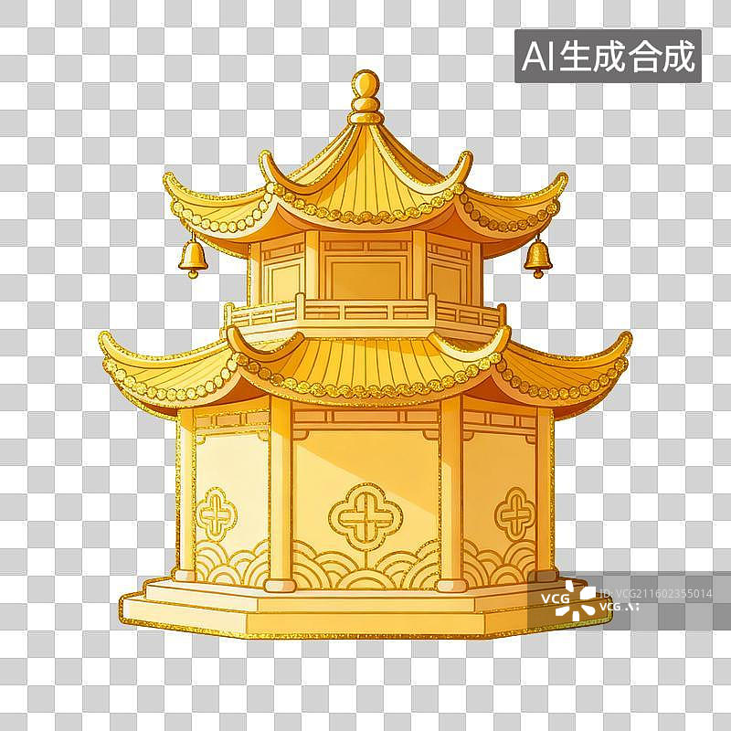 【AI数字艺术】传统中式双檐金色凉亭图片素材