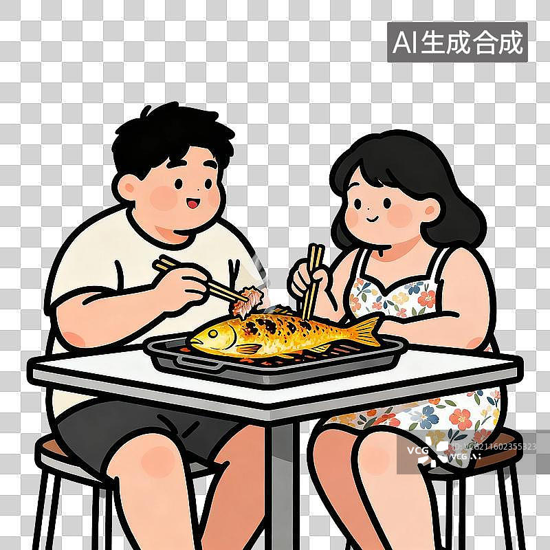 【AI数字艺术】情侣共享美味烤鱼时光图片素材