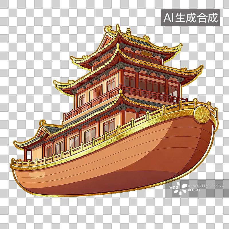 【AI数字艺术】传统中式楼阁造型游船图图片素材