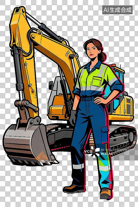 【AI数字艺术】女性建筑工人与挖掘机图片素材