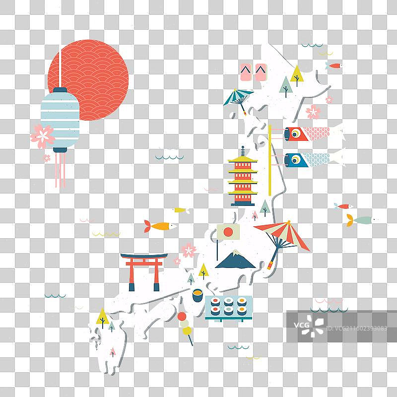 日本复古几何地图包含各种元素图片素材