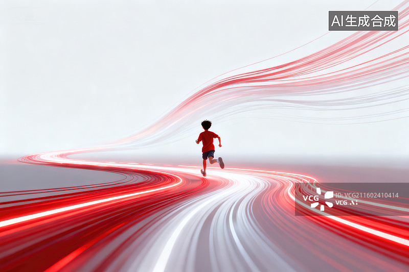 【AI数字艺术】奔跑者与动感红光轨迹图片素材