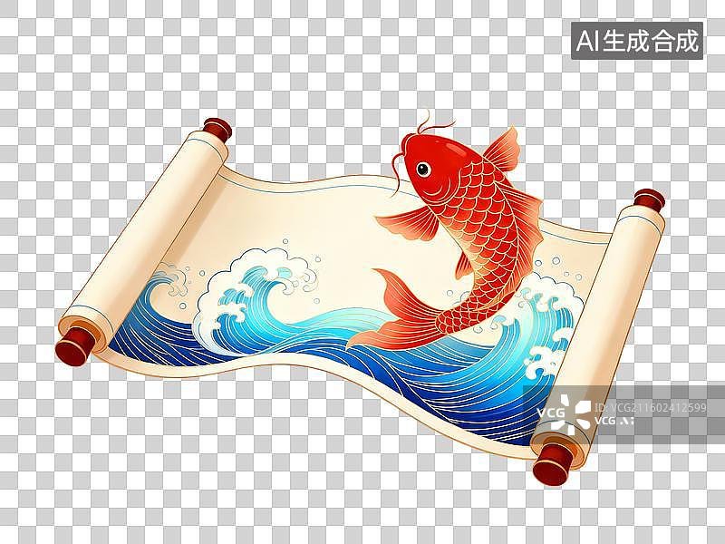 【AI数字艺术】中国节日 年俗 年年有余 卷轴上的锦鲤跃浪图图片素材